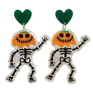 Jack O Lantern Skeleton Dangle Earrings Halloween Green‎ Orange Heart Novelty